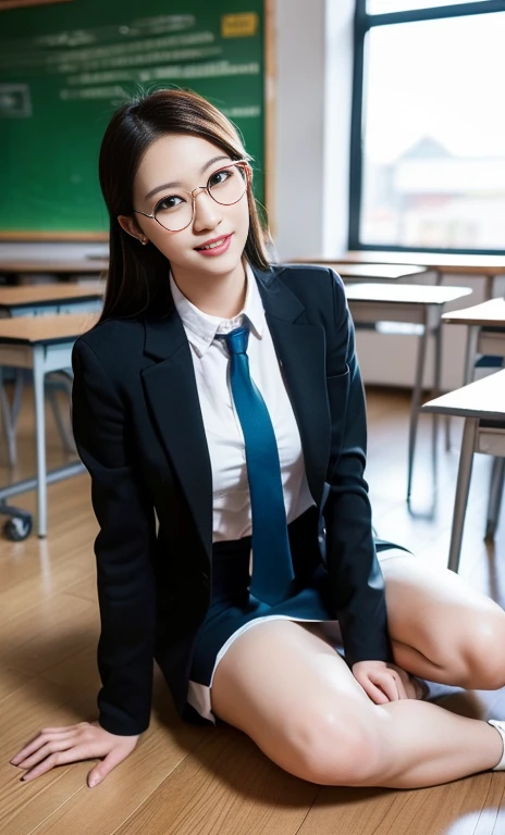 (A gorgeous Chinese lady, age 28, professional lecturer, wearing formal office attire, blazers, sky-blue tie, long-sleeve white shirt with buttons, pencil mini-skirt, ITZY sneakers, sitting on the classroom floor,

(fabulous, geeky, feminine, gentle,
friendly, goofy, fascinating, Graceful),

spectacles, #roundeyeware, #glasses, #eyeware, kind smile, dimpled cheeks, cute snaggle-tooth, ponytail, bob hair trimmed, short hair, symmetrical face, beautiful detailed face, bright_and_full_of_warmth_eyes, detailed eyes, ample round bosom, perfect body anatomy,

Award-winning, photorealistic, hyper-realism, high contrast, ultra HD, realistic skin textures, top image quality, top-quality, super high resolution, fine details, very meticulously, Vivid Colours, masterpiece, High angle shot, full body shot, cowboy shot, positive affirmation, serene ambience, bokeh night background, SFW)