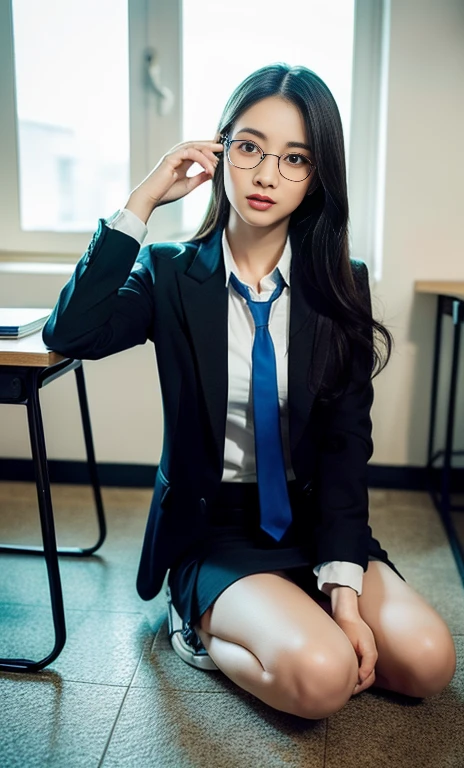 (A gorgeous Chinese lady, age 28, professional lecturer, wearing formal office attire, blazers, sky-blue tie, long-sleeve white shirt with buttons, pencil mini-skirt, ITZY sneakers, sitting on the classroom floor,

(fabulous, geeky, feminine, gentle,
friendly, goofy, fascinating, Graceful),

spectacles, #roundeyeware, #glasses, #eyeware, kind smile, dimpled cheeks, cute snaggle-tooth, ponytail, bob hair trimmed, short hair, symmetrical face, beautiful detailed face, bright_and_full_of_warmth_eyes, detailed eyes, ample round bosom, perfect body anatomy,

Award-winning, photorealistic, hyper-realism, high contrast, ultra HD, realistic skin textures, top image quality, top-quality, super high resolution, fine details, very meticulously, Vivid Colours, masterpiece, High angle shot, full body shot, cowboy shot, positive affirmation, serene ambience, bokeh night background, SFW)