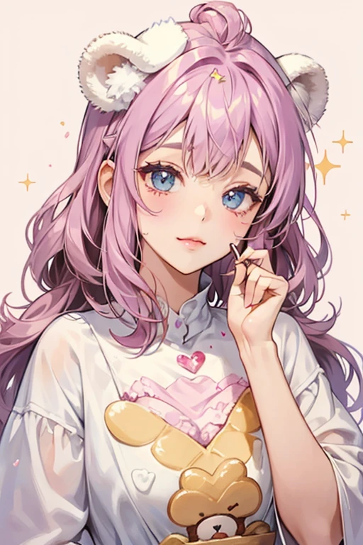 A white ice cream or yogurt GIRL bear with waffle ears and mauve cream on HER head with chocolate chunks. SHE has no mouth and a squint-winking eye. SPARKLE; GLITTER