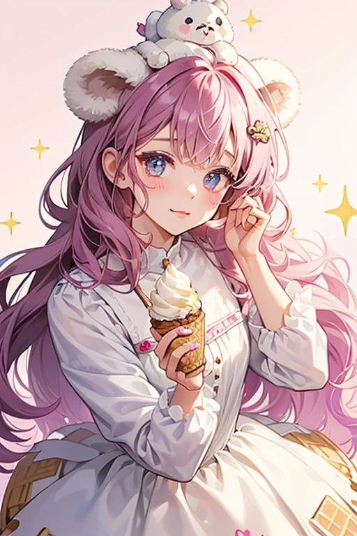 A white ice cream or yogurt GIRL bear with waffle ears and mauve cream on HER head with chocolate chunks. SHE has no mouth and a squint-winking eye. SPARKLE; GLITTER