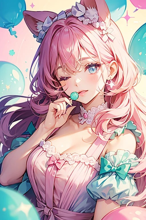 A mint ice cream GIRL cat with one eye shut and no mouth. Her head is covered in lilac sprinkles and pale pink spherical candies, and she wears a raspberry bow. SPARKLE; GLITTER