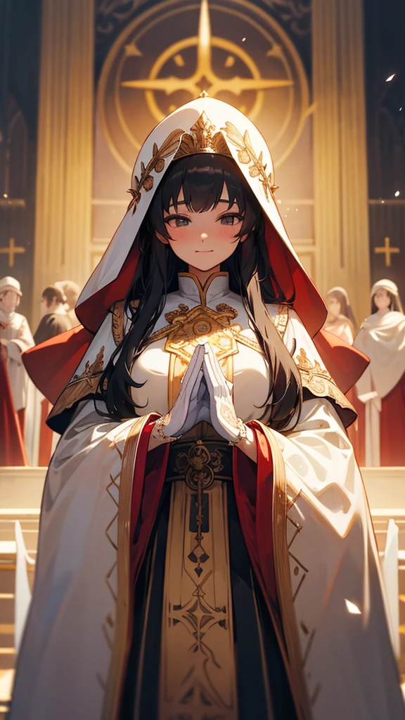 in front of the altar of a majestic church, casting judgement with magic, her voice echoing beautifully. Magic gathers around her, enveloping her in a holy aura as she chants, girl with long hair, Classic White Wedding Dresses、long white embroidered gloves, pope's clothing and hat, long hair, ceremonial robes, mass vestments, enormous puffy sleeves, long cuffs with many buttons, golden embroidery, cross details, Long Train, lots of frills and lace, red capes, gently reaches out to you, gentle smile