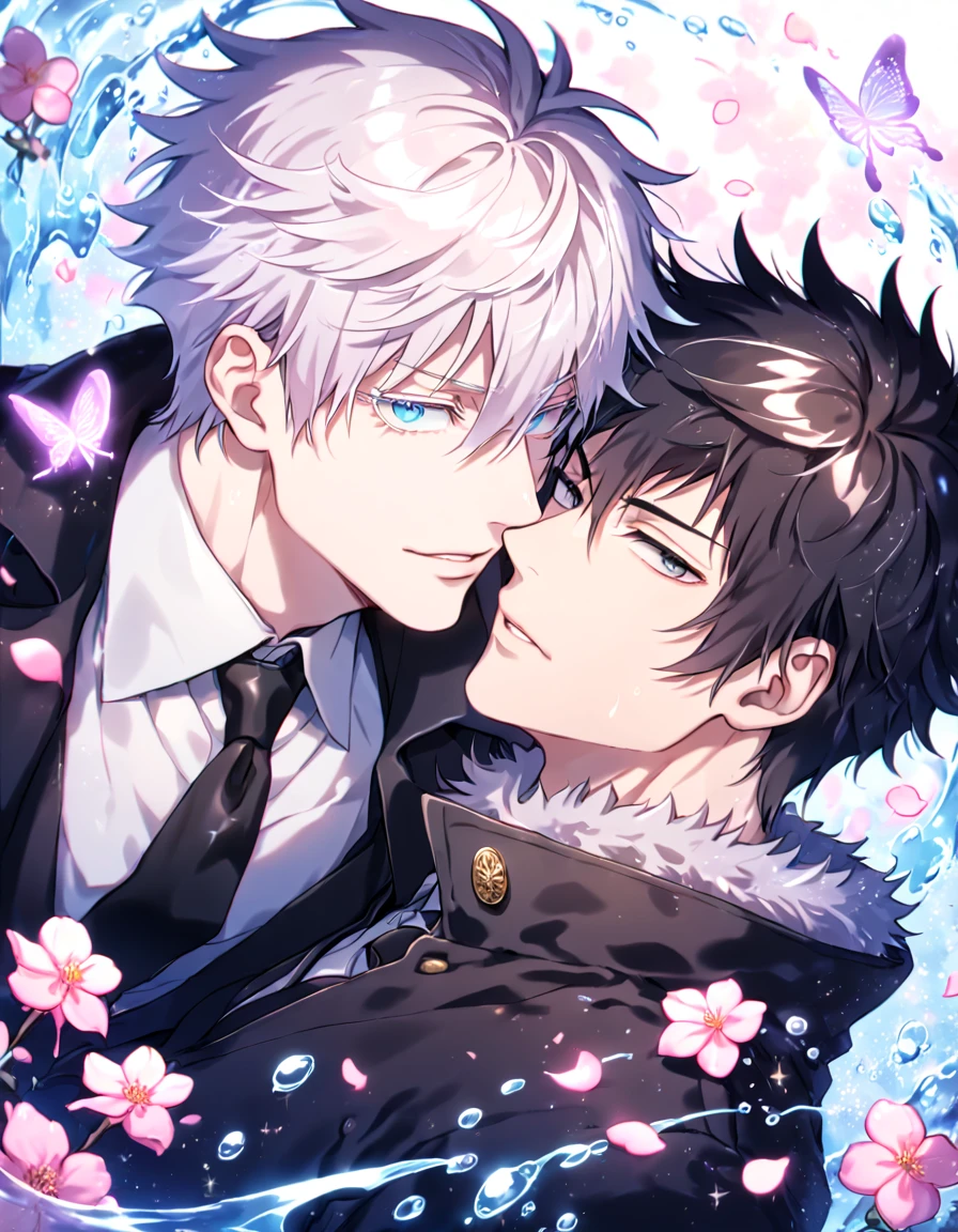 absurdres, highres, ultra detailed, HDR, master piece, best quality, Kougami Shinya, black hair, expressive gray eyes, Psycho Pass, Gojou Satoru, white hair, expressive blue eyes, white eyelashes, two sexy men together, yaoi, gay couple, handsome, black coat with fur collar, white shirt, black necktie, water, fantasy, magical, shining, pink flowers, pink blossoms, pink petals, pink butterflies, sparkling glass, manly man, jujutsu kaisen