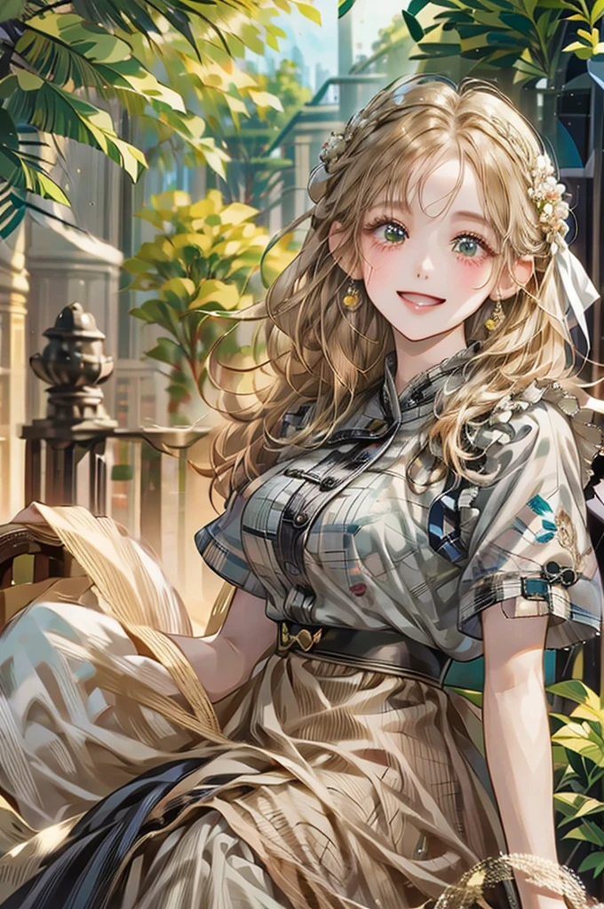 girl、Background is white、smile、Her hair color is brown.、Illustrated、Country Style、Checked dress、Wearing a floral ornament on his head、Realistic、Staring at me、Clothes with short sleeves