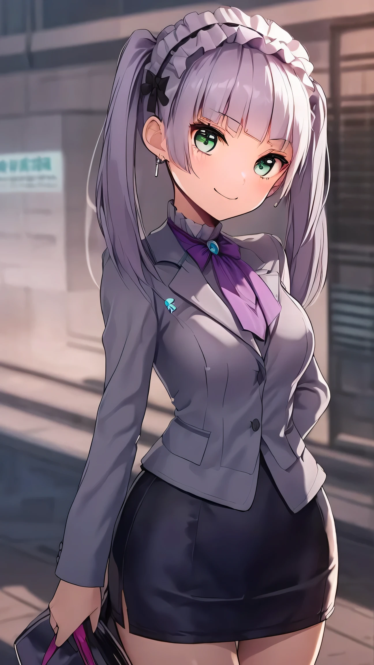 Medium chest, Green Eyes、smile、Twin tails、Gray Hair、Long Hair、Blunt bangs、tie,Sugawara Wisdom,
break (((黒いsuit))),(business suit, dress shirt, Earrings, formal, High heels, Jacket, miniskirt, office lady, Open collar, pencil skirt, shirt, skirt, suit:1.2),
break indoors, clinic,
break looking at viewer, (Cowboy Shot:1.5),
break (masterpiece:1.2), Highest quality, High resolution, unity 8k wallpaper, (figure:0.8), (Beautiful attention to detail:1.6), Highly detailed face, Perfect lighting, Highly detailed CG, (Perfect hands, Perfect Anatomy),