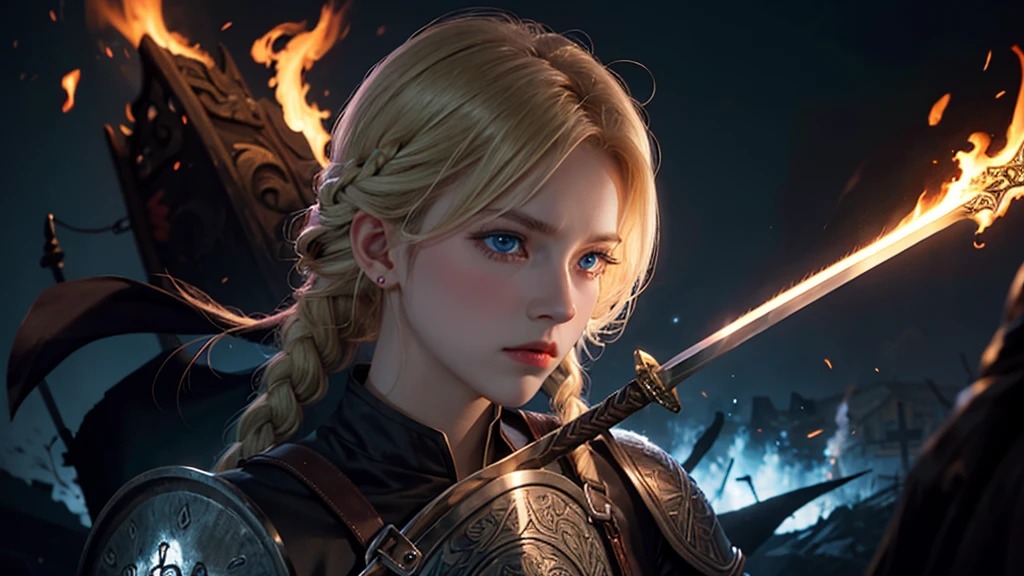 Practical,Burning village,night,Viking,1 Girl,blue eyes,Large Breasts,Full body portrait,Blonde Hair,Solitary,Braided Hair,angry,Charge,A sword with a pattern engraved on the right hand,Shield on left arm,Medium distance photography