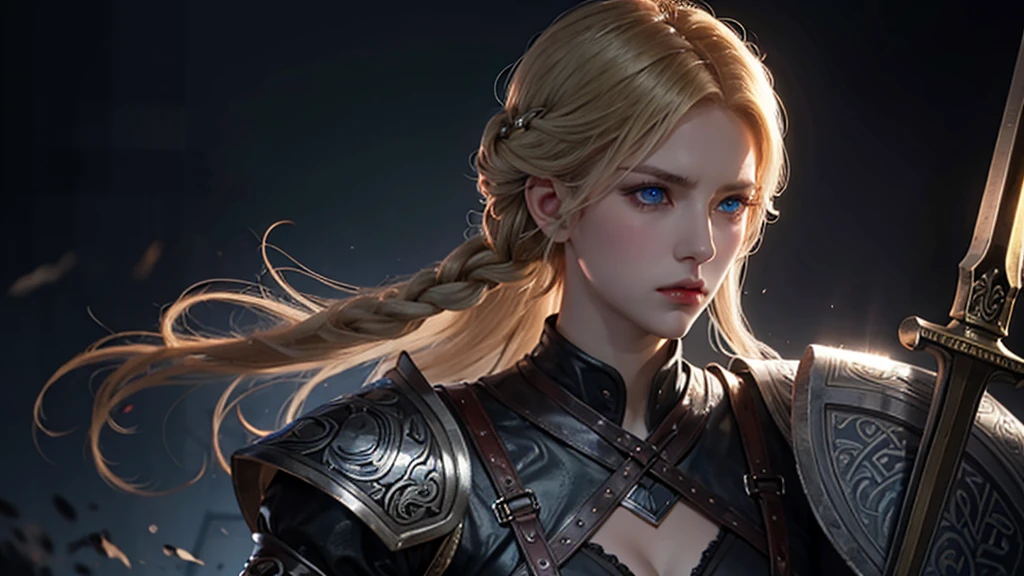 Practical,Burning village,night,Viking,1 Girl,blue eyes,Large Breasts,Full body portrait,Blonde Hair,Solitary,Braided Hair,angry,Charge,A sword with a pattern engraved on the right hand,Shield on left arm,Close up photography