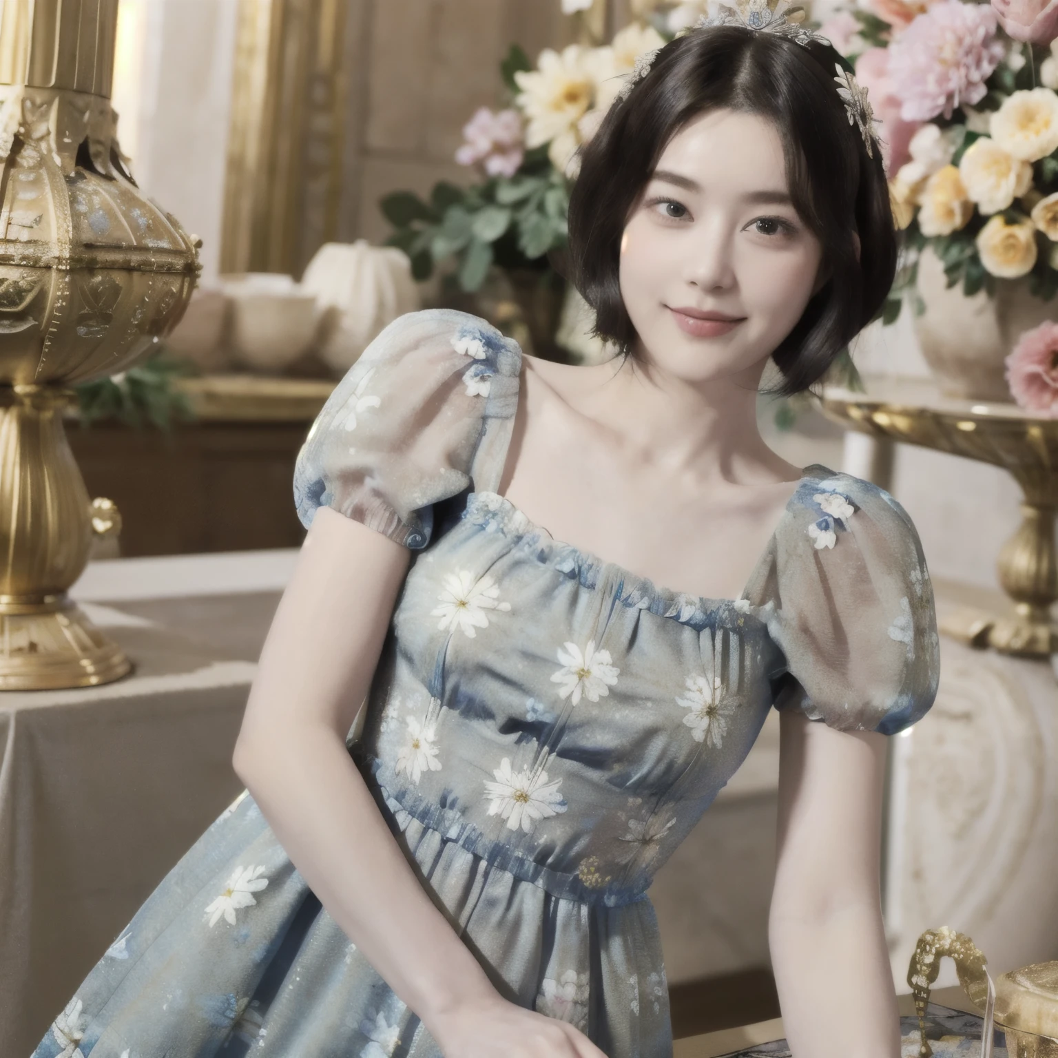 266 (20-year-old princess,Are standing), (Tabletop), ((short hair:1.46)), (chest:1.0), (A kind smile:0.9), (Floral Dress:1.46), (Majestic Palace:1.46) 80