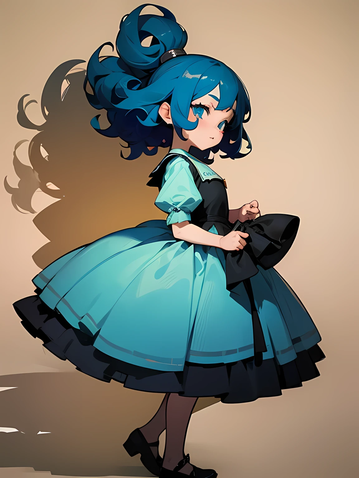 sideview,there is nothing, Highest quality, girl, 10 year old cute girl,Bluenette, Curly Hair, evil girl, dress