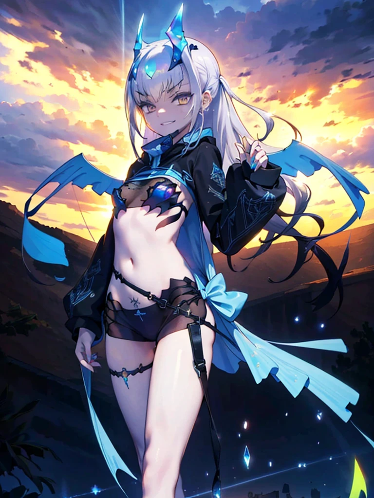 Melusine, One girl, alone, bangs, ponytail, Yellow Eyes, Exposing shoulders, (Small breasts), Blue jacket, Open jacket, Long sleeve, View your viewers, Thighs, Sandals, masterpiece, Highest quality,masterpiece、high resolution、Detailed Texture、Ultra-detailed、Nipples out、Erect nipples、nsfw、transformation