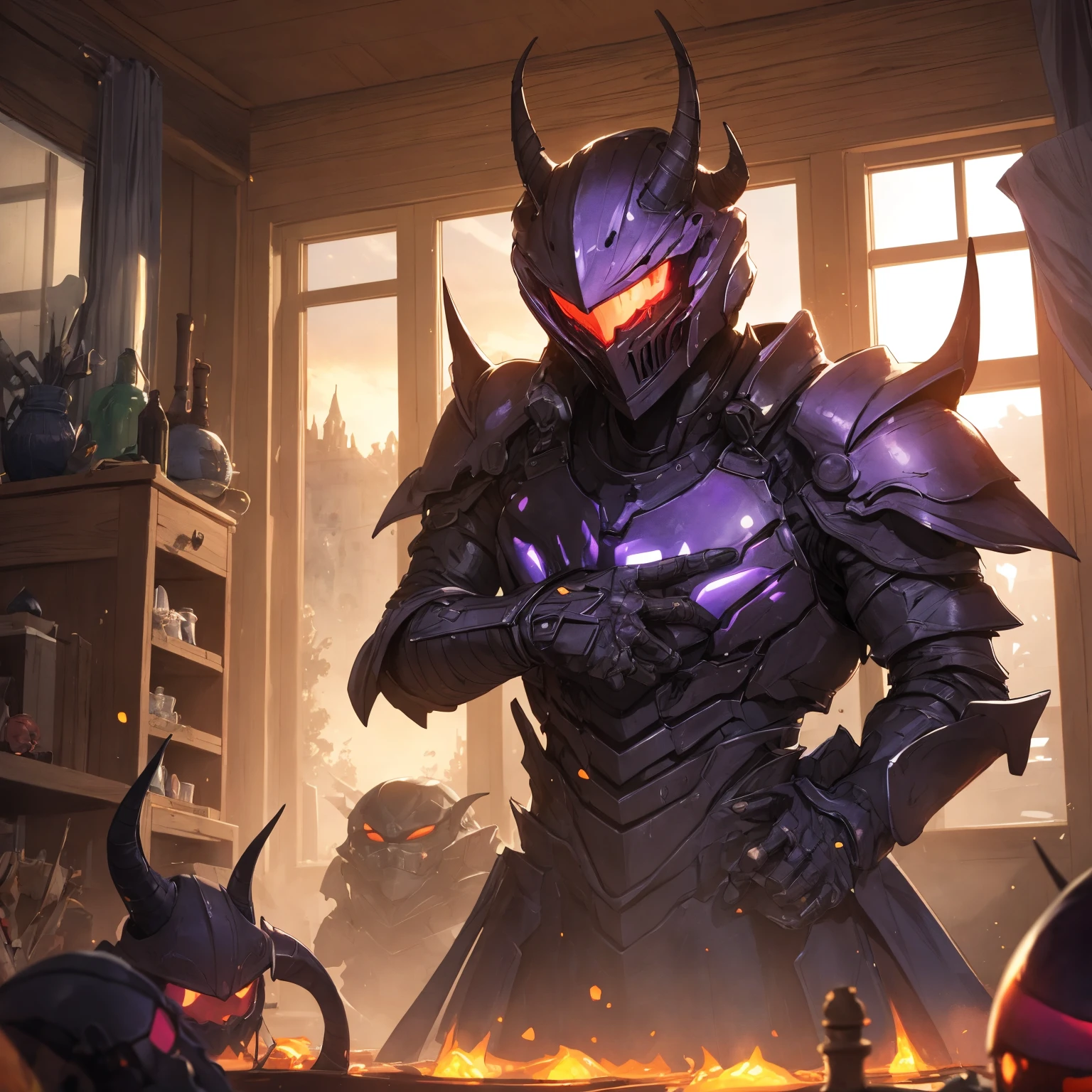 Purple Slime, monster, black armor, helmet with horns, red glowing, indoors, living room, crimson room, sunset, morning
