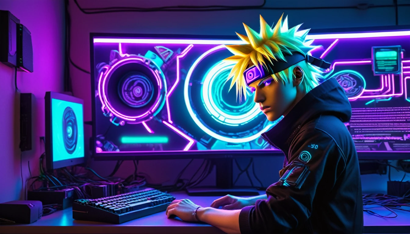 ((Highest quality)), ((masterpiece)), (Very detailed: 1.3), 3d, Neon Black, Uzumaki Naruto Cyberpunk, male, Blonde, blue eyes (Using a thick, high-tech head-mounted display: 1.2), Use the cover, Hacking a computer terminal, Purple Neon Monitor Light, Green neon sign on the wall,