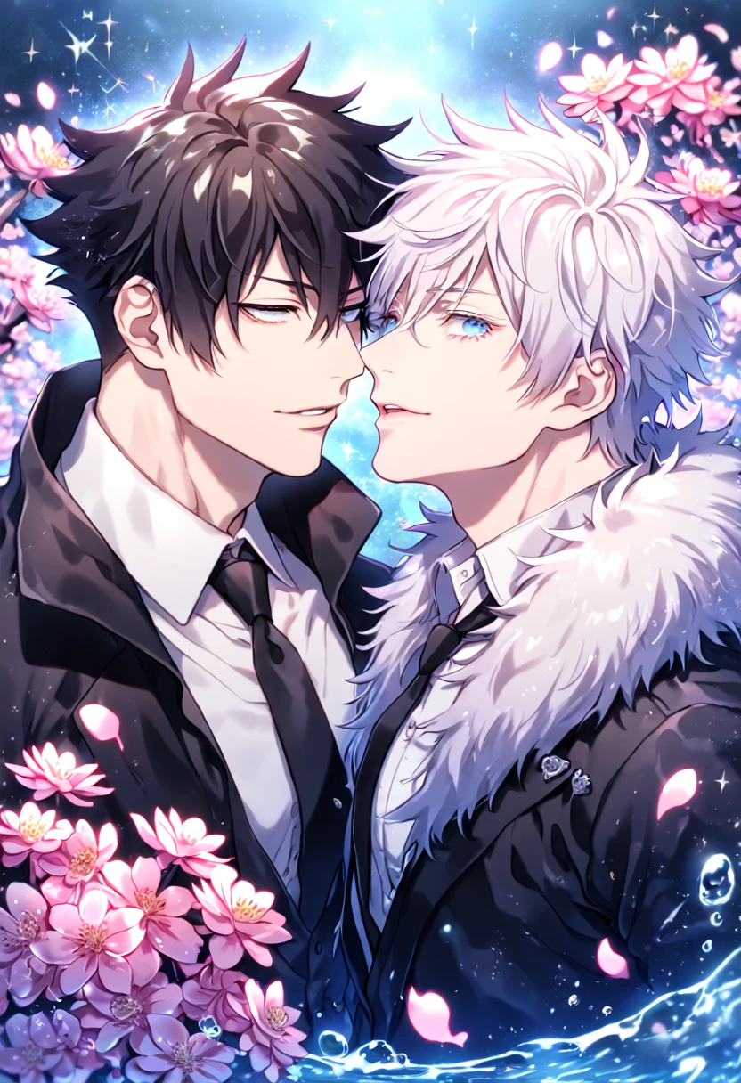 absurdres, highres, ultra detailed, HDR, master piece, best quality, Kougami Shinya, black hair, expressive gray eyes, Psycho Pass, Gojou Satoru, white hair, expressive blue eyes, white eyelashes, two sexy men together, yaoi, gay couple, handsome, black coat with fur collar, white shirt, black necktie, water, fantasy, magical, shining, pink flowers, pink blossoms, pink petals, pink butterflies, sparkling glass, manly man, jujutsu kaisen