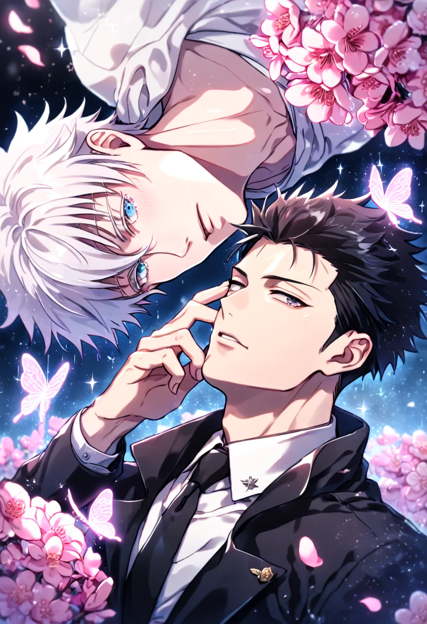 absurdres, highres, ultra detailed, HDR, master piece, best quality, Kougami Shinya, black hair, expressive gray eyes, Psycho Pass, Gojou Satoru, white hair, expressive blue eyes, white eyelashes, two sexy men together, yaoi, gay couple, handsome, black coat with fur collar, white shirt, black necktie, water, fantasy, magical, shining, pink flowers, pink blossoms, pink petals, pink butterflies, sparkling glass, manly man, jujutsu kaisen