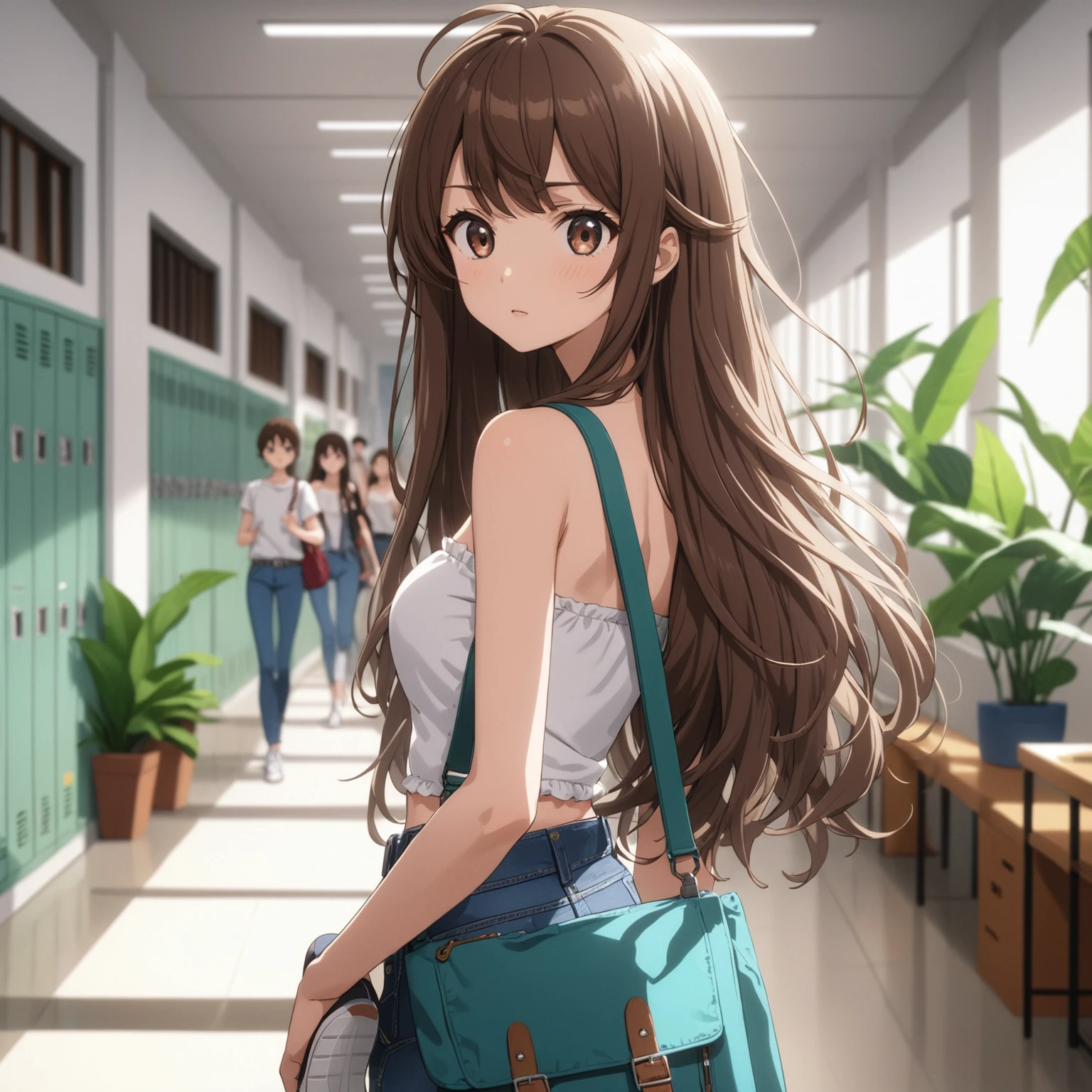 Best quality, masterpiece, very long hair, brown hair swept bangs and brown eyes, strapless sleeveless white shirt with black string, jeans, toned arms, teal satchel, sneakers, anime cartoon, tropical plants, hallway, lockers, balcony, people in background 