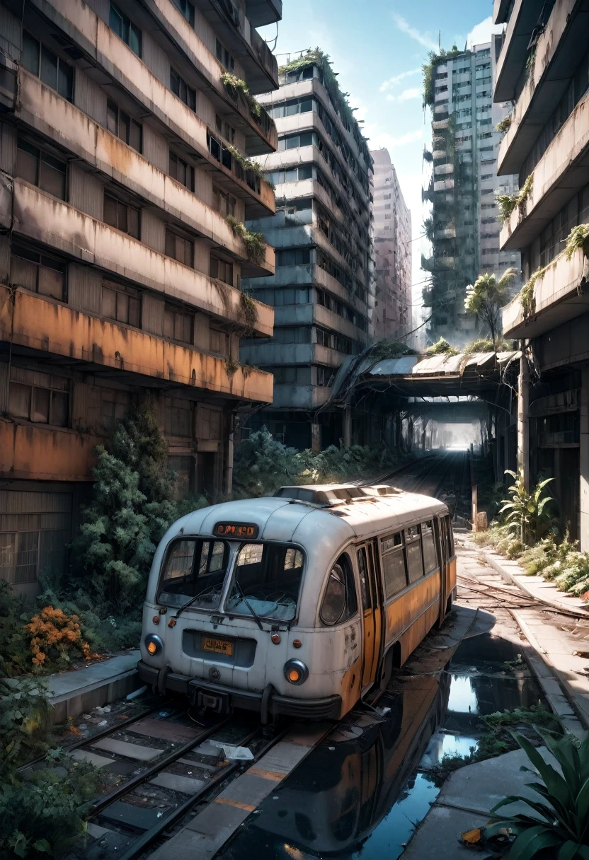 1 girl, post-apocalyptic desert, Post-apocalyptic cityscape. collapsed skyscrapers, abandoned playgrounds, destroyed buses, derailed trains, smoke and trees and plants growing on the sidewalk, photorrealistic, Intricately detailed architecture, Unripe, blackw, dynamic volumetric lighting and color, 8K resolution, fall, inverno nuclear.