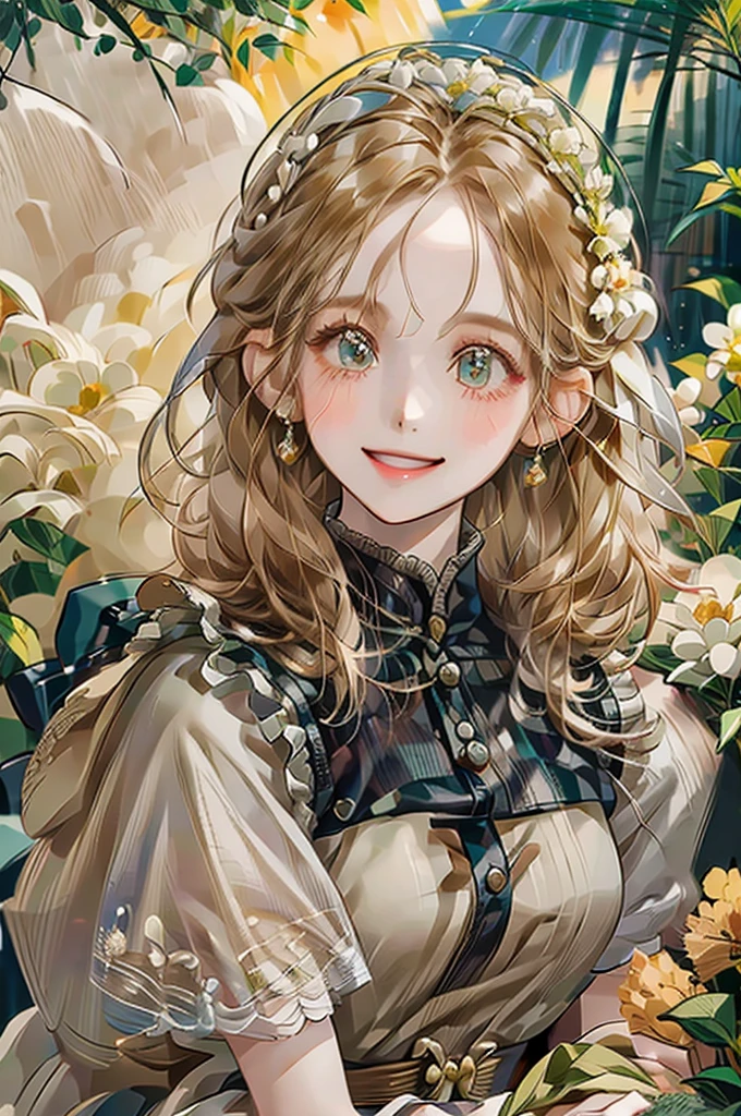 girl、Background is white、smile、Her hair color is brown.、Illustrated、Country Style、Wearing a crown of flowers、Realistic、Staring at me、Clothes with short sleeves