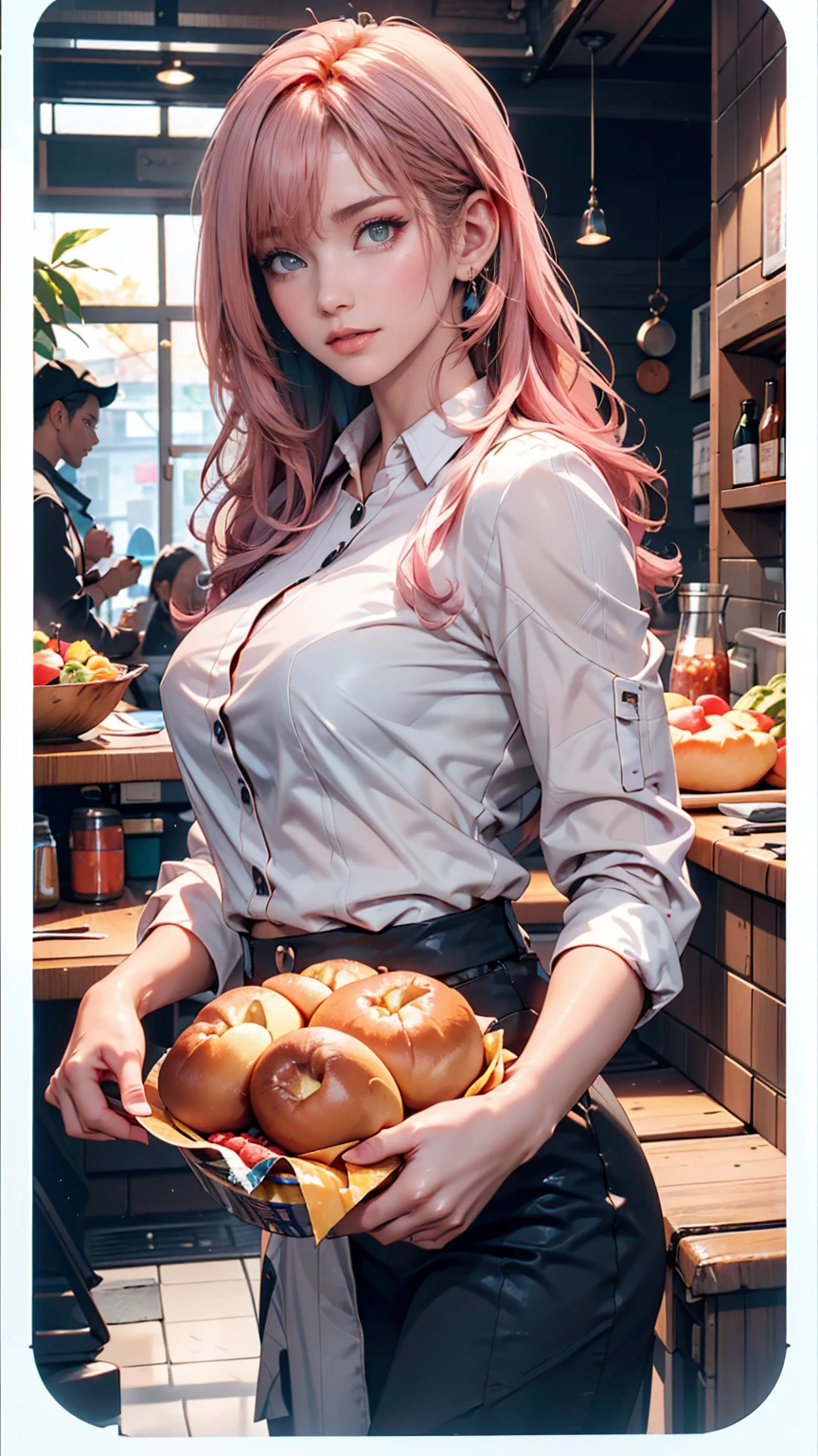 Mika Pikazo, One girl, blue eyes, blue Foodie, computer, Earrings, Food, Foodie, jewelry, keyboard (computer), logo, logo parody, mouse (computer), Variegated eyes, Pink Hair, trash can, alone, White Background, Yellow Eyes, ,