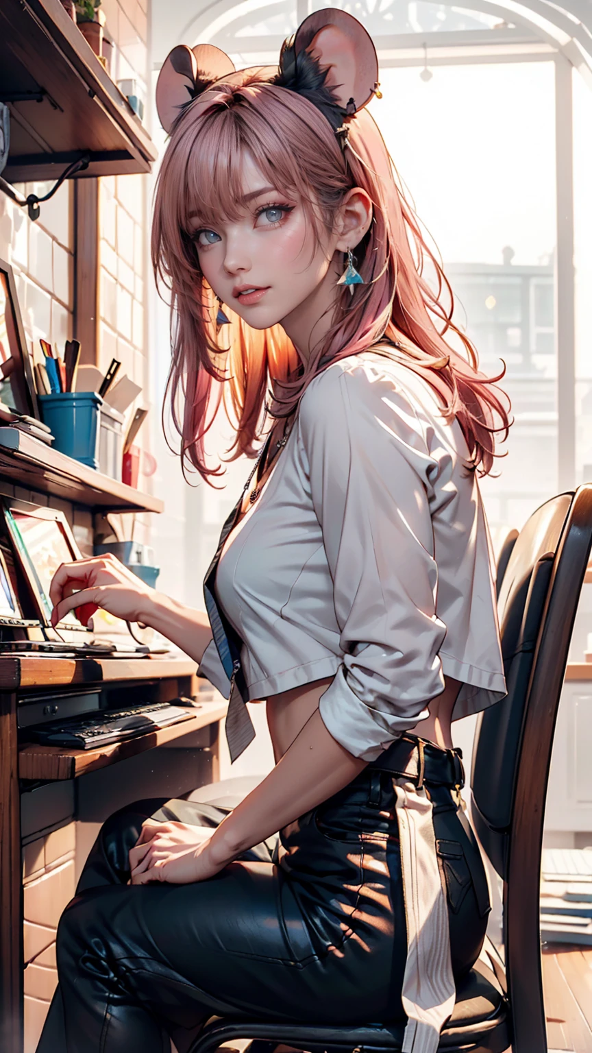 Mika Pikazo, One girl, blue eyes, blue Foodie, computer, Earrings, Food, Foodie, jewelry, keyboard (computer), logo, logo parody, mouse (computer), Variegated eyes, Pink Hair, trash can, alone, White Background, Yellow Eyes, ,