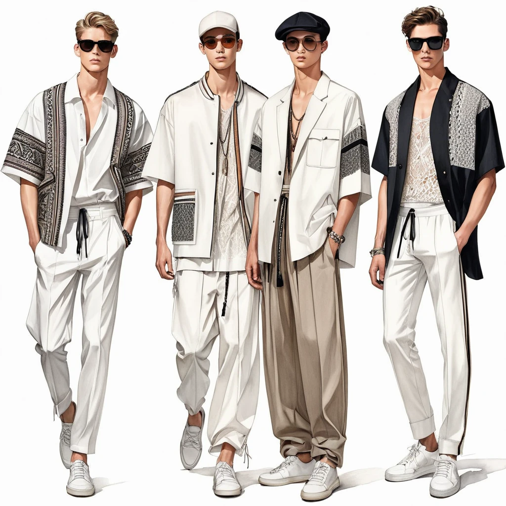 candid fashion illustration of young 3man , aged 23 year old, tall and slender, male super model, ((showcase fashion in a Trible cotton outfits)), clothes inspired by Balenciga collection 2020 in elegant modern style with ((ethnic woven details)). The 1st man wears an oversized shirt with Trible embroidery jacket, lace details, paired with slim-fit Pants, semi hard bugle, The 2nd man complements him in a white lace embroidery details shirt, paired with relaxed-fit white Drawstring Pants, 3ed man wears an oversized short-sleeved white shirt, lace details, paired with relaxed-fit white Pants side entry pockets, all completes the look with white sneakers, sunglasses, hat, includes an basic accessorizes. Captured in a ((full-body pose)), ((simple water-color on white paper background)), realistic pencil lines, imperfect drawing, charcoal lines detail, fading sketch, fashion Sketching, low angle view, 