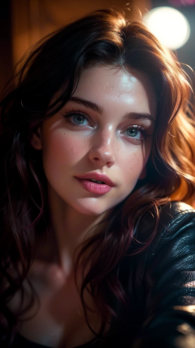 (((ultra realistic))) Photo, masterpiece, top quality, (Pale skin), (Ultra detailed face and eyes.:1.3), 1 girl, adult, on a t-shirt, ((eye makeup, pink mascara)), ((smile)), ((big detailed lips)), ((rosa wavy hair)), ((Chiolka)) , (natural breasts), Thin waist. ((Posing)), Photoshoot, studio (Soft lighting), (The game of lights and shadows), depth of field, bokeh, (Special attention to leather details.: 1.2), detailed leather texture, skin pores. (Warm frame environment.. Color range: violet, rosa, blue tones), DR, ((film grain)), ((good heavens)), (Glare), ((portrait from the waist up)) , ultra detialed,