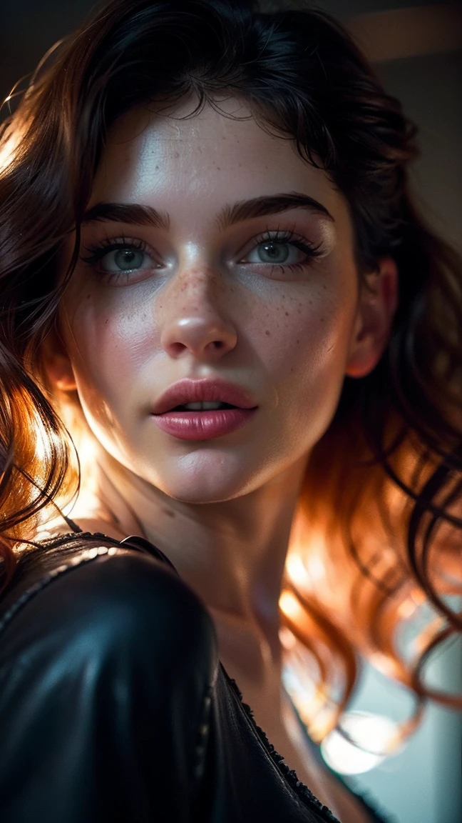 (((ultra realistic))) Photo, masterpiece, top quality, (Pale skin), (Ultra detailed face and eyes.:1.3), 1 girl, adult, on a t-shirt, ((eye makeup, pink mascara)), ((smile)), ((big detailed lips)), ((rosa wavy hair)), ((Chiolka)) , (natural breasts), Thin waist. ((Posing)), Photoshoot, studio (Soft lighting), (The game of lights and shadows), depth of field, bokeh, (Special attention to leather details.: 1.2), detailed leather texture, skin pores. (Warm frame environment.. Color range: violet, rosa, blue tones), DR, ((film grain)), ((good heavens)), (Glare), ((portrait from the waist up)) , ultra detialed, 