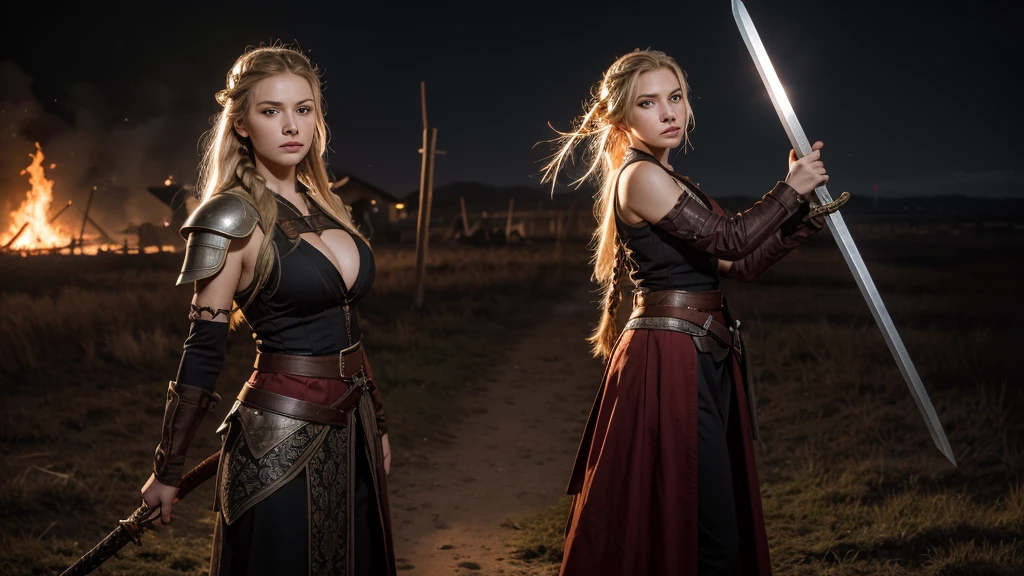 Practical,Burning village,night,Viking,1 Girl,blue eyes,Large Breasts,Full body portrait,Blonde Hair,Solitary,Braided Hair,angry,Charge,A sword with a pattern engraved on the right hand,Shield on left arm,Medium and close range photography