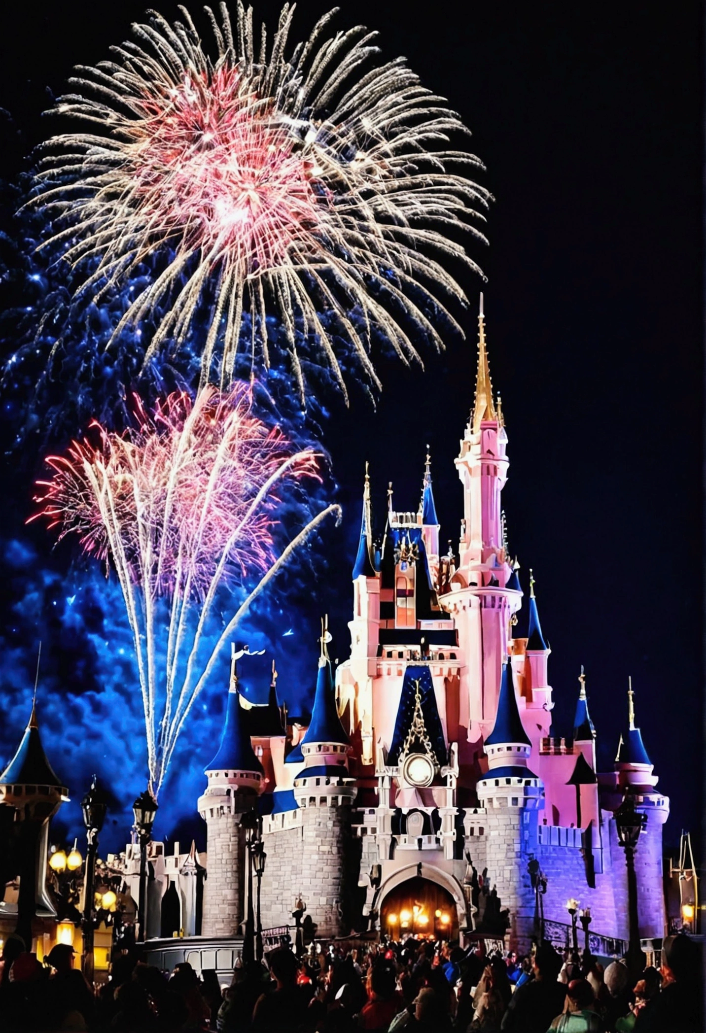Cinderella Castle stands at the center of Disneyland、Shining with colorful lights。Against the background of the night sky、The castle towers and walls are beautifully lit up.、It&#39;s like being transported to a fairy tale world.。There is a fountain in the square in front of the castle.、The water reflects the light and sparkles。people々took a photo、I can see him looking up at the castle in fascination.。Fireworks launched into the night sky、The flowers bloom brilliantly against the backdrop of the castle.、Cheers rang out。