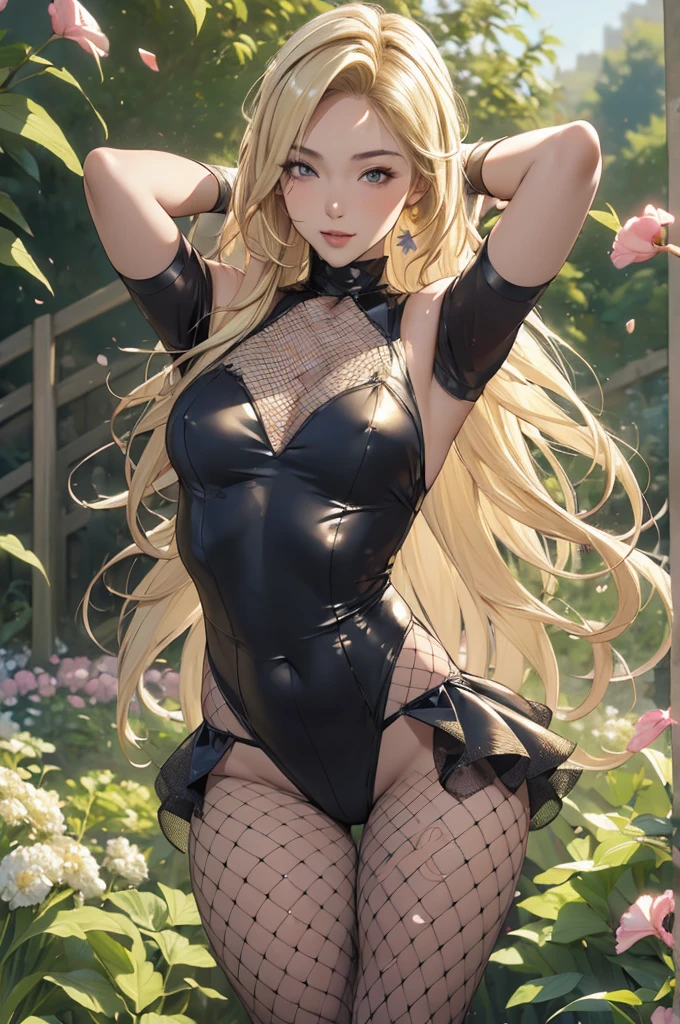 (masterpiece, Textured skin, Very detailed:1.3), One girl, One arm behind head, (smile:0.5) Edge Petal, Woman in bunny girl costume, Fishnet tights,wearing Edge Petal, Garden Background, Dim break (Long blonde hair), Middle parted hair