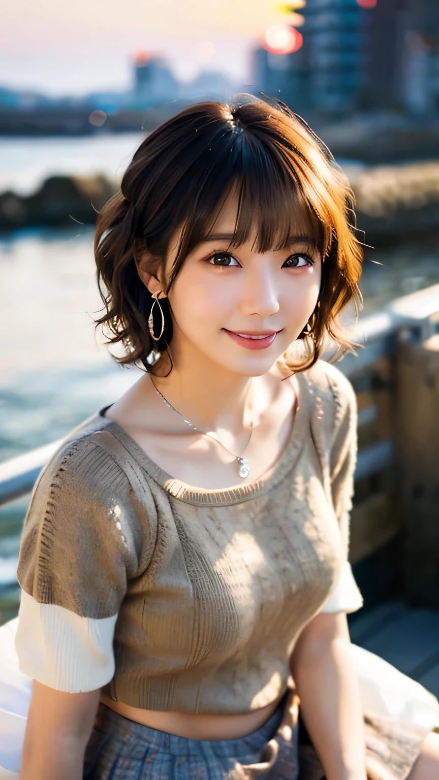 (Highest quality,masterpiece:1.3,Ultra-high resolution),(Very detailed,Caustics,8k),(Realistic:1.4,RAW shooting),18-year-old,cute,Japanese,Short brown hair that curls outwards,(Beige summer knitwear),(smile),Looking up at the camera、(Brown short skirt),blue sky,sun,Backlight,(coastline),(sunset、sunset:1.1),,(Photographed from the waist up),(Face Focus),(Face close-up),(High Situation:1.3),(High Angle:1.3),Natural light 、照れたsmile、Parted bangs、Ample breasts、With small earrings、Silver Necklace、