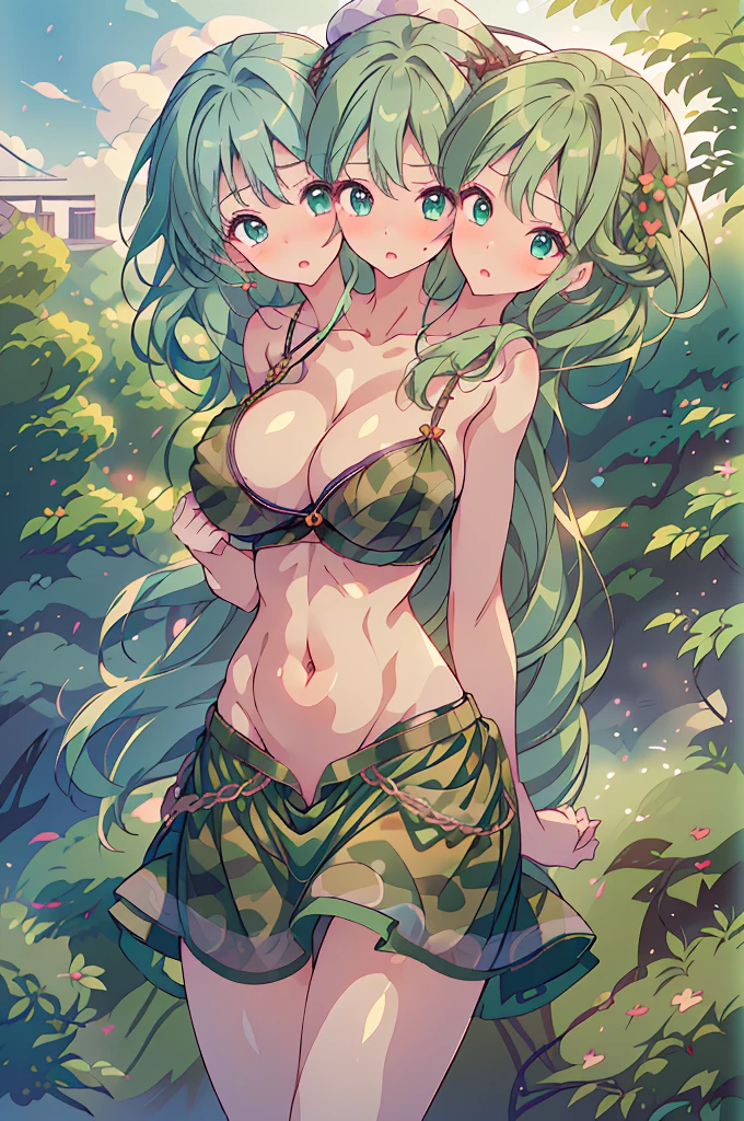 (masterpiece, best quality), best quality, best resolution, (ultra-detailed), (3heads:1.5), 1girl, (yamashiro takane:1.3), masterpiece, best quality, ultra quality, ultra resolution, green top, crop top, ((stomach)), midriff, ((groin)), green skirt, miniskirt, normal ears, shackles, green hair, very long hair, wavy hair, sidelocks, blue eyes, parted lips, single horn, sweat, cute, toned belly, hand on own chest, eyelashes, (24 year old woman:1.3), (masterpiece:1.5), (best quality:1.5), (beautiful detailed), extremely detailed CG, extremely delicate and beautiful, depth of field, (finely detailed face), (perfect details:1.2), (mature female:1.3), wide pelvis, slender, large veiny breast, 16k resolution, highres, high quality, high definition, extremely detailed, masterpiece, green hair, long hair, alluring presence, twin braid, short skirt, close up, very big tits, huge tits, young, green headwear, hat, camouflage, girl with three heads, three headed girl,