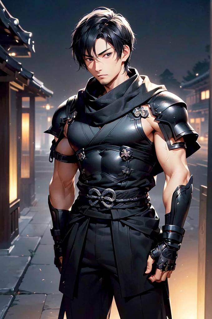 (((masterpiece; best quality: 1.2))), (finely detailed eyes: 1.3), ((25 year old man)), ((solo)), (black eyes: 1.4), (body shape; lean, masculine: 1.3), (very short black hair: 1.3), (beautiful and clear background: 1.2), ((depth of field)), (equipment: black shinobi clothing + fully covered + black kimono + black pants + black scarf + black bracers + black fingerless gloves: 1.3), (anime illustration: 1.2), (background composition; old japanese mansion + night: 1.1), (extremely fine and handsome: 1.1), (shot composition; standing + centered on torso + close-up: 1.5), (facial expression; calm, stoic: 1.2)