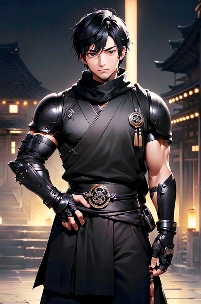 (((masterpiece; best quality: 1.2))), (finely detailed eyes: 1.3), ((25 year old man)), ((solo)), (black eyes: 1.4), (body shape; lean, masculine: 1.3), (very short black hair: 1.3), (beautiful and clear background: 1.2), ((depth of field)), (equipment: black shinobi clothing + fully covered + black kimono + black pants + black scarf + black bracers + black fingerless gloves: 1.3), (anime illustration: 1.2), (background composition; old japanese mansion + night: 1.1), (extremely fine and handsome: 1.1), (shot composition; standing + centered on torso + close-up: 1.5), (facial expression; calm, stoic: 1.2)
