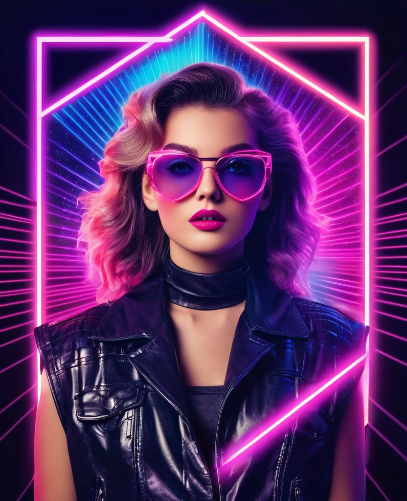 Create an image that transforms the original photo into an 80s album cover, blending vintage and modern styles. The image should have a retro touch with a design that includes exotic lights and vibrant colors typical of the era, such as neon pinks, blues, and purples. Make sure the original photo remains prominent in the center but surrounded by a stylized frame of graphic elements like geometric patterns, angled lines, and glowing effects that evoke 80s aesthetics. The composition should be eye-catching and nostalgic, with a balance between the past and the present.