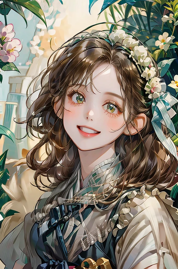 girl、Background is white、smile、Hair color is dark brown、Illustrated、Country Style、wearing a flower crown、Realistic、Staring at me、Clothes with short sleeves