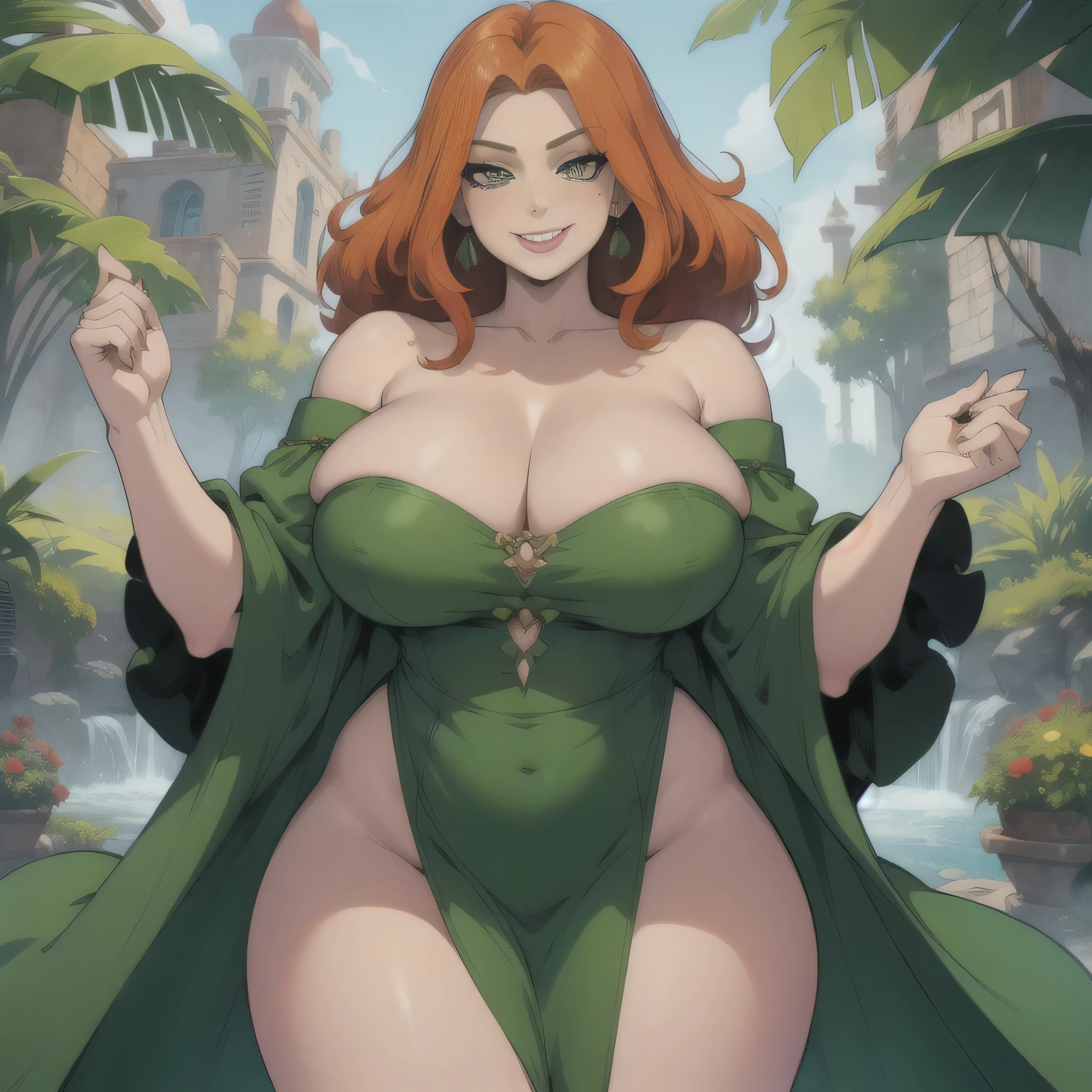 1 big woman, hair orange, Green eyesshadow, pupils green, lips green, Green Foldover Off Shoulder Split Thigh Dress, smile smirk, large breasts, large ass
