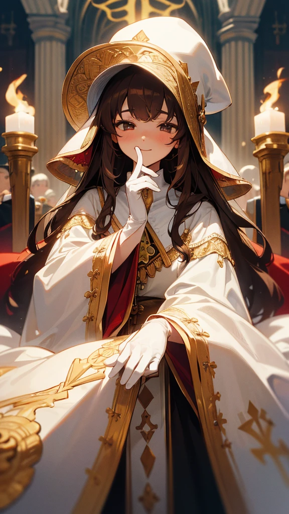 in front of the altar of a majestic church, casting judgement with magic, her voice echoing beautifully. Magic gathers around her, enveloping her in a holy aura as she chants, girl with brown hair, Classic White Wedding Dresses、long white embroidered gloves, pope's clothing and hat, long hair, ceremonial robes, mass vestments, enormous puffy sleeves, long cuffs with many buttons, golden embroidery, cross details, Long Train, lots of frills and lace, red capes, gently reaches out to you, gentle smile