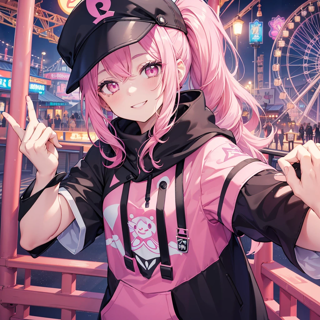 One woman,Best Influencers((Taking a selfie,High angle, wearing a black cap)) background(amusement park,Ferris wheel) Super smile,Smiling with teeth showing,V sign pink hair,Side ponytail Pink eyes,Shiny hoodie,Pink accent anime style,Japan Shining Eyes,A masterpiece Shining edges