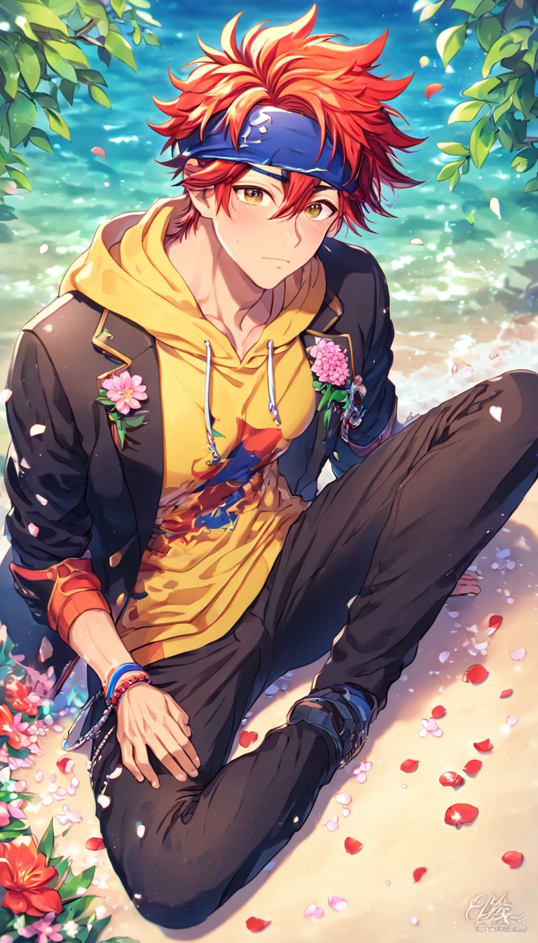 Ultra detailed, HDR, Highres, absurdres, master piece, Kyan Reki, red hair, expressive brown eyes, Sk8 Infinite, blue headband, black jacket, yellow hoodie, black pants, sexy man sitting, handsome, flowers, petals, fantasy, magical, green leaves, summer, handsome, sensual, best quality, glittering, solo, manly man, water, beach, horny,