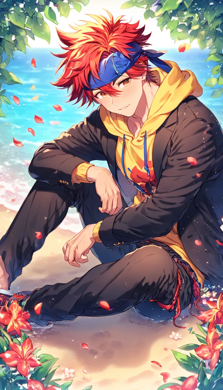 Ultra detailed, HDR, Highres, absurdres, master piece, Kyan Reki, red hair, expressive brown eyes, Sk8 Infinite, blue headband, black jacket, yellow hoodie, black pants, sexy man sitting, handsome, flowers, petals, fantasy, magical, green leaves, summer, handsome, sensual, best quality, glittering, solo, manly man, water, beach, horny,