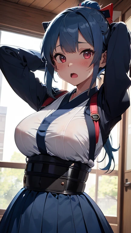mastute piece,Best Quality,insanely detailed,8k cg,nsfw,
(shoot upper body:1.3),
(1girls:1.3),standing,looking at viewr,body in front,(arms behind back:1.4),(kendo uniform:1.3,doges:1.3,hakama:1.3),kendo:1.3、(bare breasts:0.9),BREAK,
blush,shy,(ecstasy face),(trembling:1.2),BREAK,(blue hair:1.3),
BREAK,
perfect breasts,perfect teats,(open mouth:0.9),(large breasts:1.2),
(kendo-dojo),kendo道場、