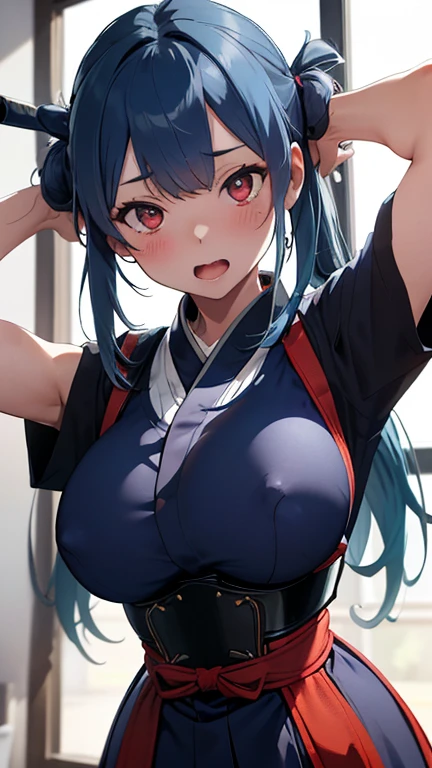 mastute piece,Best Quality,insanely detailed,8k cg,nsfw,
(shoot upper body:1.3),
(1girls:1.3),standing,looking at viewr,body in front,(arms behind back:1.4),(kendo uniform:1.3,doges:1.3,hakama:1.3),kendo:1.3、(bare breasts:0.9),BREAK,
blush,shy,(ecstasy face),(trembling:1.2),BREAK,(blue hair:1.3),
BREAK,
perfect breasts,perfect teats,(open mouth:0.9),(large breasts:1.2),
(kendo-dojo),kendo道場、