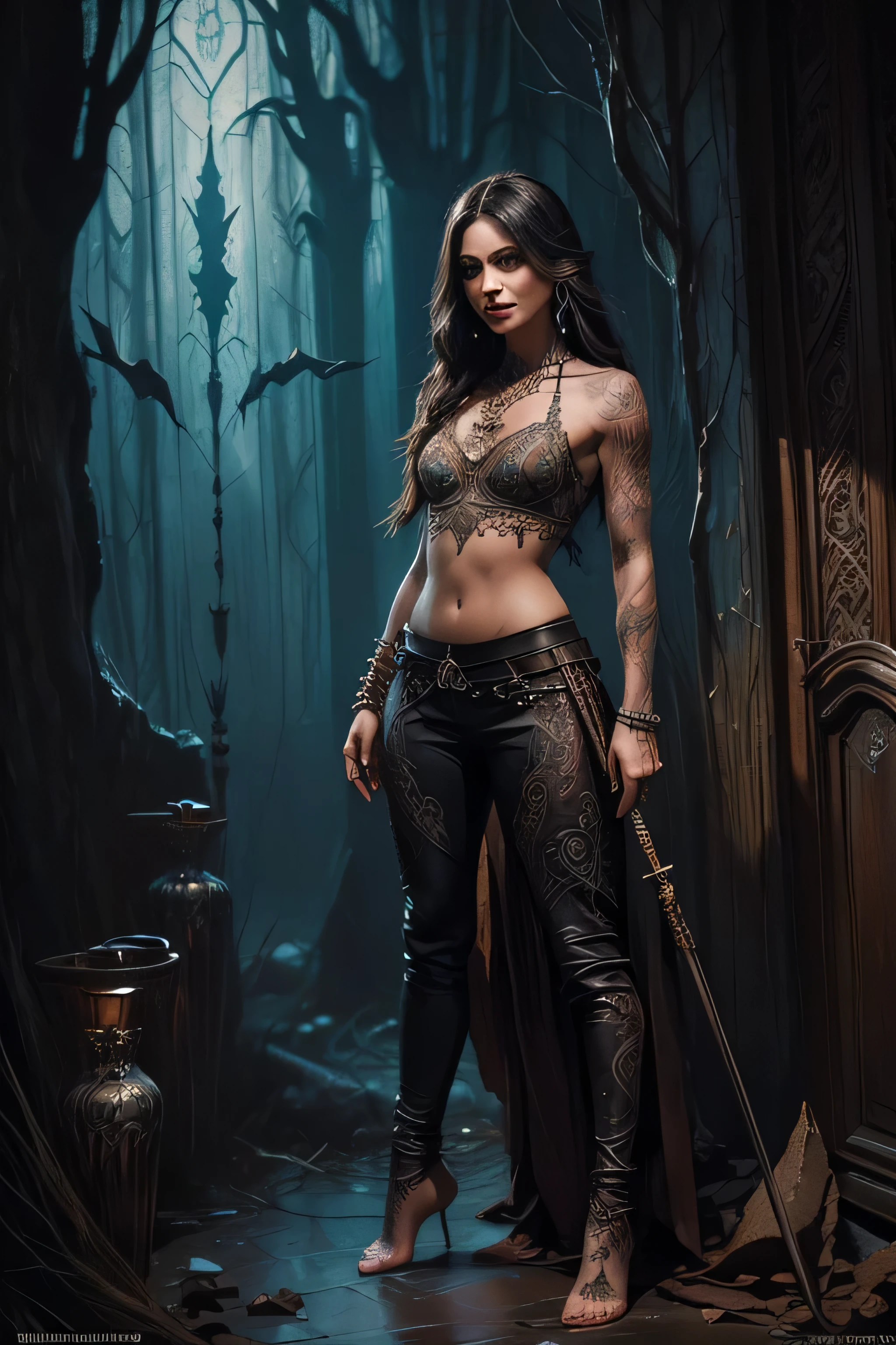 dark fantasy, (realistic, photo-realistic:1.37), (full body shot:1.4), (ohwx woman with tribal tattoos on neck and arms, fantasy world, tribal patterns on the tattoos, wearing fantasy art bra and leather tight trousers, holds a long magical spear, immersive fantasy background, rough texture, surreal landscapes, (ethereal beauty:1.1), supernatural elements, (fine art, oil painting:1.3), (expressionless face:0.9), (haunting beauty:1.1), (intricate patterns:1.2), (majestic:1.1), (mystical aura:1.1), (enchanted:1.1), (elegant:1.1), (captivating:1.1), (dark shadows:1.1), oliviawild