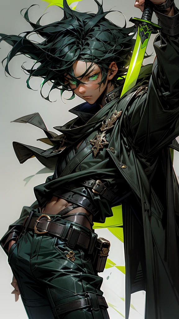 A boy with bright green eyes,black hair blue and black clothes,with a belt with leather pockets with a dark green European sword