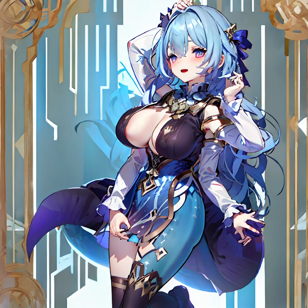 Masterpiece,best quality,best resolution,1 woman,2 heads,details,Firefly character,long gray hair,hair accessories,Blue and purple gradient eyes,blushing,Wearing a white dress with a black cloth draped over the shoulders with a gold pattern and long white sleeves.(blue cloth chest),wearing a long blue skirt,Wear long blue socks.,normal breasts,lying on the bed,bedroom background,conjoined twins,Beautiful face,Beautiful hair,beautiful eyes,beautiful body,beautiful hands , open mouth, smile, be happy, Arms separated, arm circle, (Put your hands on your head...), (lower hand on ankle), (lower hand on leg), Full content in the frame, full body view, (four arms),(Multi-arm),(many hands), Slim shape