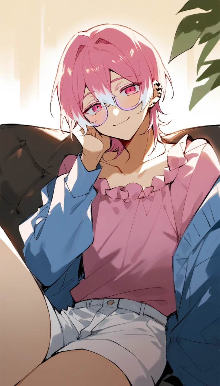 a young man with medium pink hair and some white highlights, UP TO THE NECK, piercings na orelha, hot pink eyes, short clothing. your chin rests under your hands in a perverted way. the pink, red and orange are colors present in her sexy and short outfit, next to a pair of light purple glasses. He smiles mischievously and seductively, leaning on the large sofa with his elbow on the back of the sofa. femboy, 精致的面容. white short shorts, short pink blouse, open blue jacket. sexy boy. detailled image, HD. cute smile. clear living room, comfortable environment, sofá fofthe pink, leaning on the sofa in a sexy way