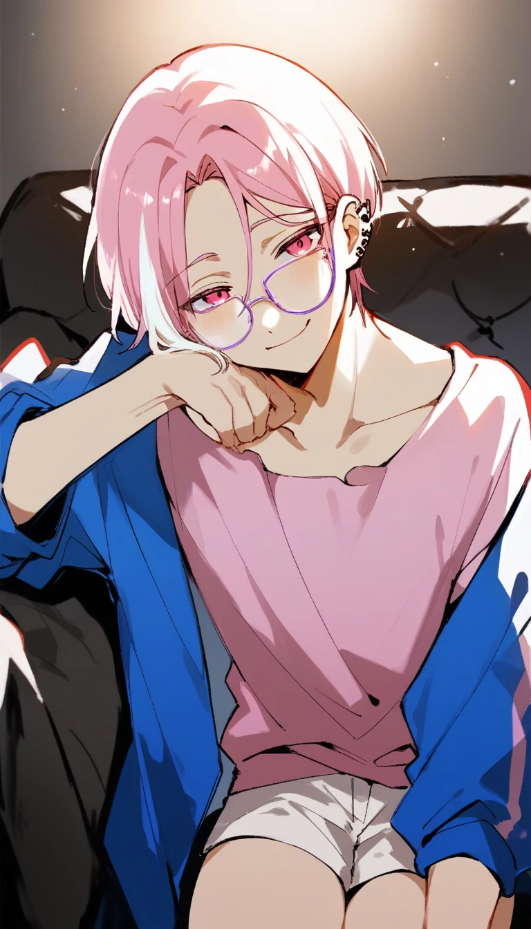 a young man with medium pink hair and some white highlights, UP TO THE NECK, piercings na orelha, hot pink eyes, short clothing. your chin rests under your hands in a perverted way. the pink, red and orange are colors present in her sexy and short outfit, next to a pair of light purple glasses. He smiles mischievously and seductively, leaning on the large sofa with his elbow on the back of the sofa. femboy, 精致的面容. white short shorts, short pink blouse, open blue jacket. sexy boy. detailled image, HD. cute smile. clear living room, comfortable environment, sofá fofthe pink, leaning on the sofa in a sexy way