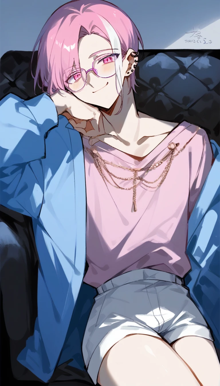 a young man with medium pink hair and some white highlights, UP TO THE NECK, piercings na orelha, hot pink eyes, short clothing. your chin rests under your hands in a perverted way. the pink, red and orange are colors present in her sexy and short outfit, next to a pair of light purple glasses. He smiles mischievously and seductively, leaning on the large sofa with his elbow on the back of the sofa. femboy, 精致的面容. white short shorts, short pink blouse, open blue jacket. sexy boy. detailled image, HD. cute smile. clear living room, comfortable environment, sofá fofthe pink, leaning on the sofa in a sexy way