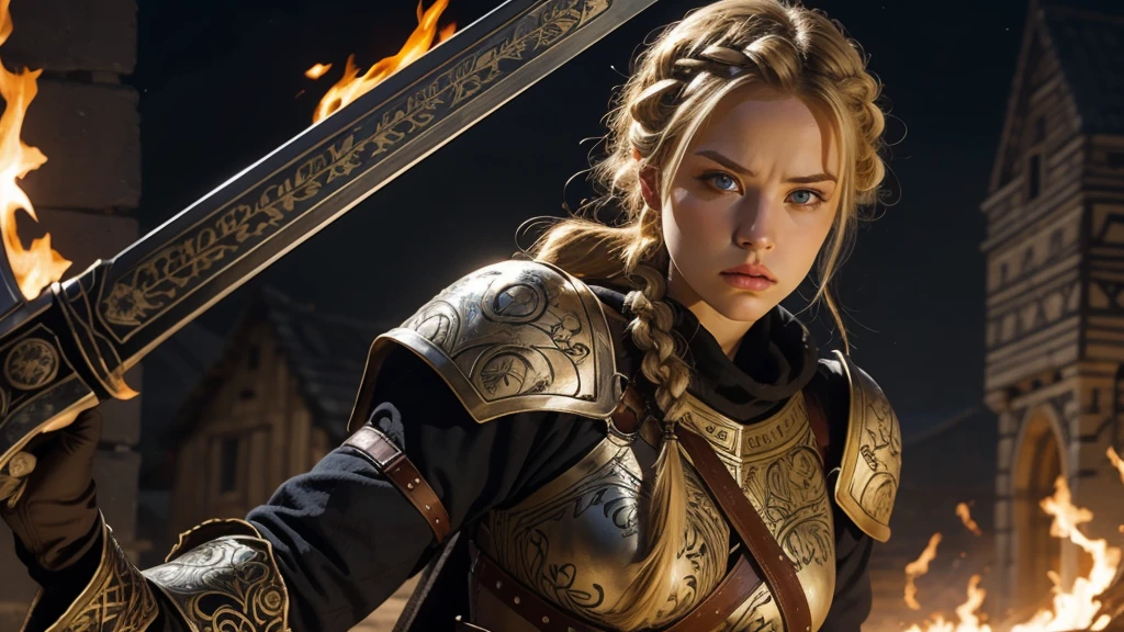 Practical,Burning village,night,Viking,1 Girl,blue eyes,Large Breasts,Full body portrait,Blonde Hair,Solitary,Braided Hair,angry,Charge,A sword with a pattern engraved on the right hand,Shield on left arm,Close up photography