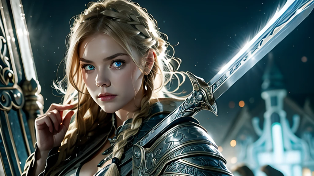 Practical,Burning village，night，Viking,1 Girl,blue eyes,Large Breasts,Full body portrait,Blonde Hair,Solitary,Braided Hair,angry,Charge,A sword with a pattern engraved on the right hand,Shield on left arm,Close up photography